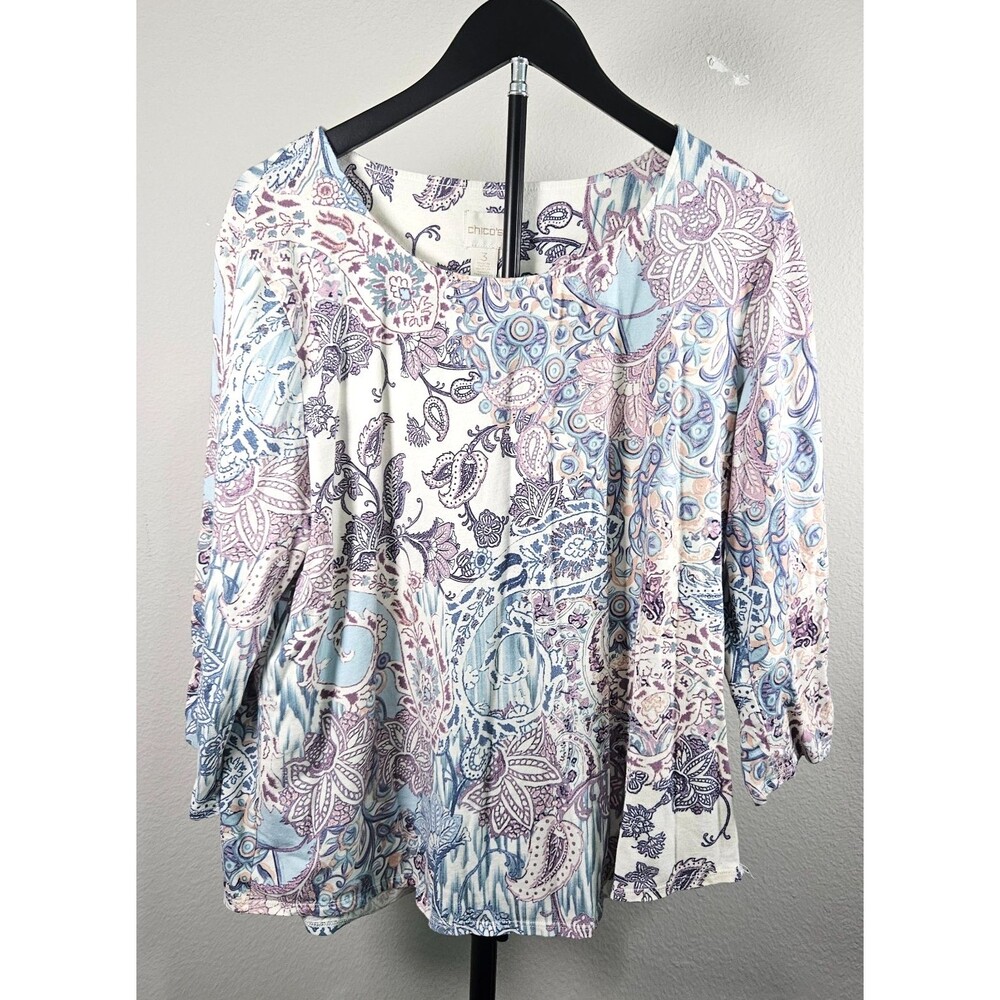 Chicos Womens Size 3‎ Paisley Print Top Blue Purple 3/4 Sleeve Boho Tunic